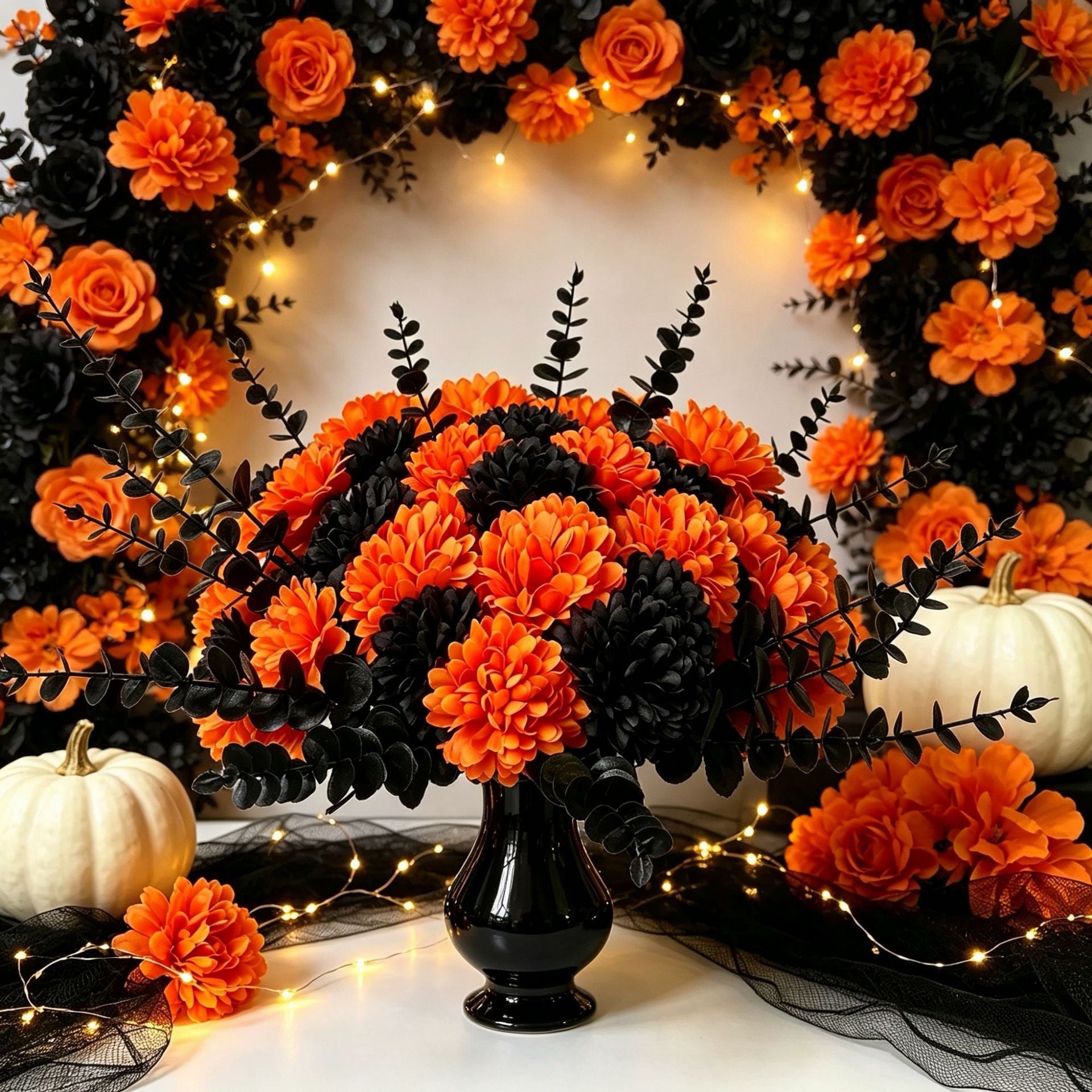 Kunstblumen 5er Set: Schwarzer Eukalyptus & Orange Hortensie, Naturgetreue Kunstpflanzen für Halloween, Hochzeit, Floristik & Deko, Langlebig