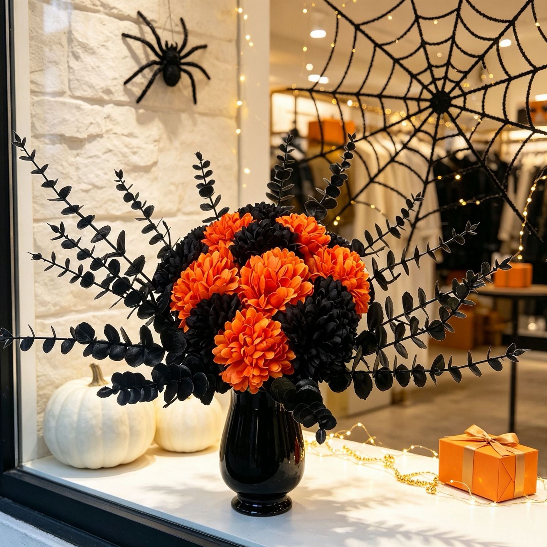 Kunstblumen 5er Set: Schwarzer Eukalyptus & Orange Hortensie, Naturgetreue Kunstpflanzen für Halloween, Hochzeit, Floristik & Deko, Langlebig