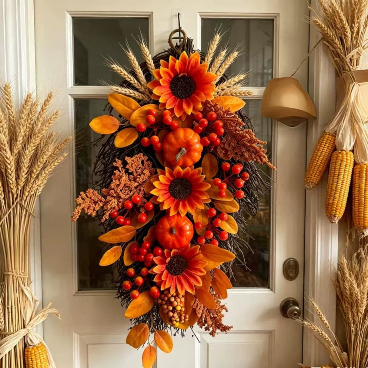 Herbstgirlande Künstlich 55cm, Täuschend Echter Hängeschmuck mit Ahornblättern, Kürbis & Zapfen, Herbstdeko für Tür, Wand, Erntedank & Halloween