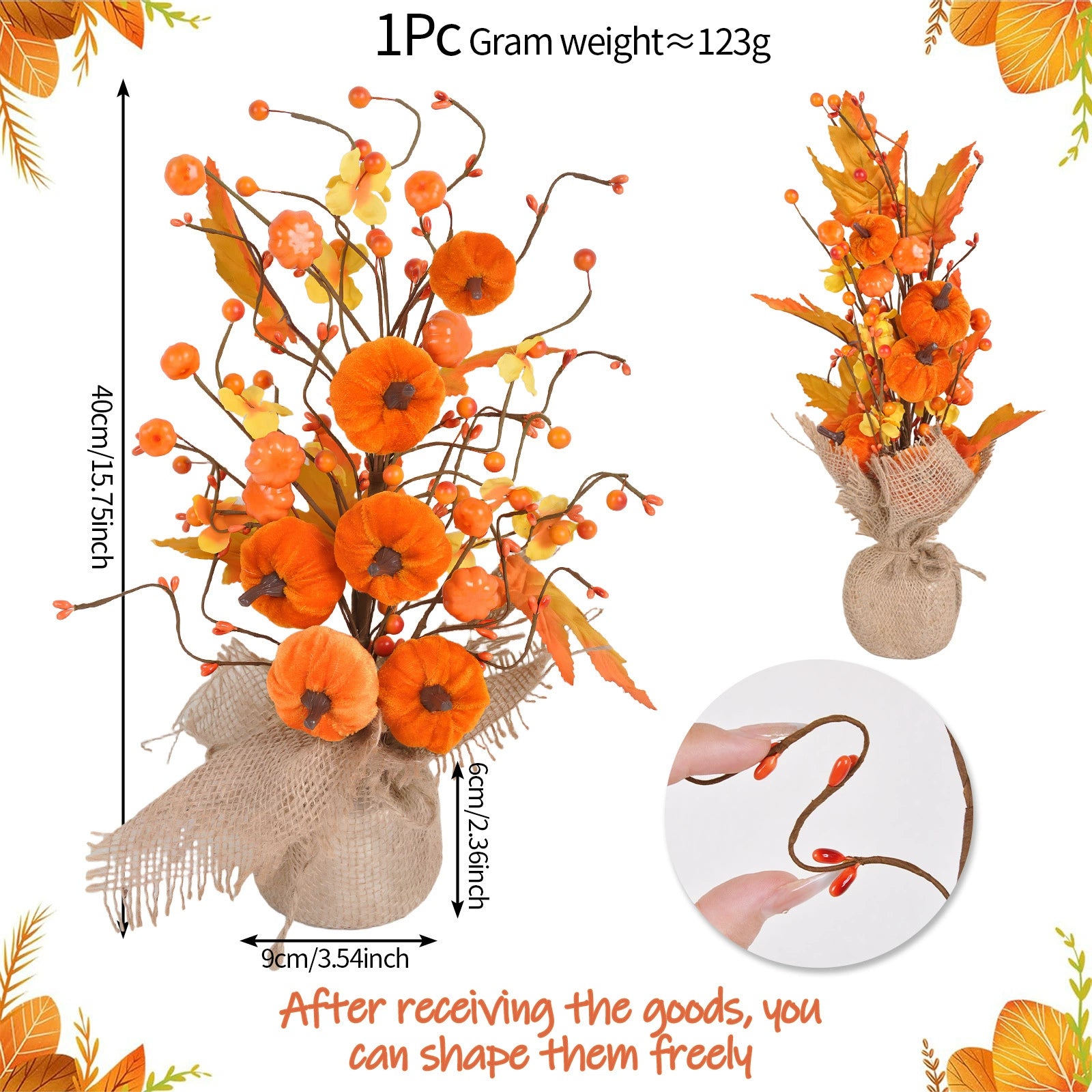 Künstlicher Herbstbaum 40 cm, Premium Tischdeko mit Kürbis, Ahorn & Beeren, Lebensechte Herbstdekoration für Erntedank, Gastronomie & Events