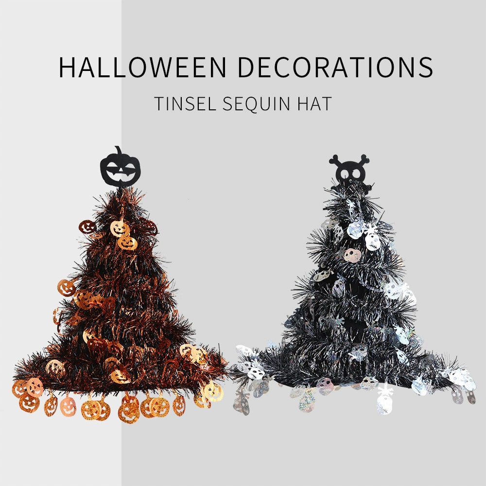 Hexenhut Halloween Dekoration, 40 cm Spitzhut mit Glitzer-Lametta, Deko in Silber oder Orange, für Party, Garten, Haustür, Schaufenster