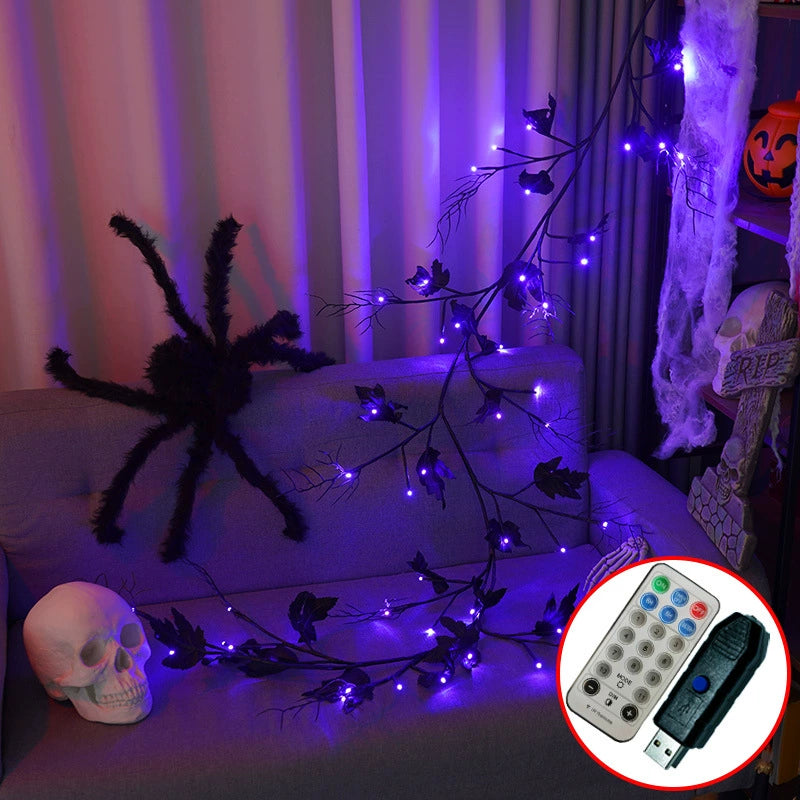 LED Halloween Dekolicht 200cm, realistische Kletterpflanze mit Spinnen und Fledermäusen, USB mit Fernbedienung, perfekt für Hochzeiten, Cafés, Dekorationen