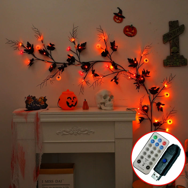 LED Halloween Dekolicht 200cm, realistische Kletterpflanze mit Spinnen und Fledermäusen, USB mit Fernbedienung, perfekt für Hochzeiten, Cafés, Dekorationen