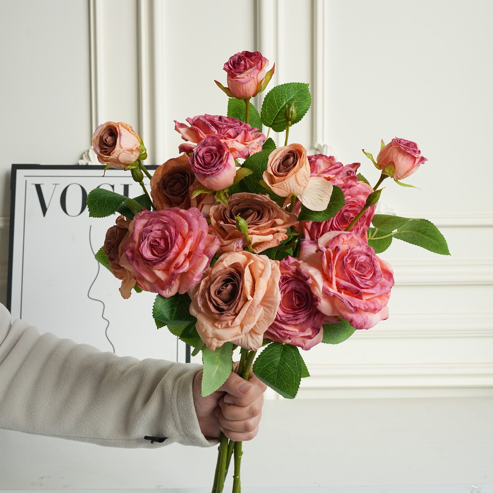 Faux-Blüten Rosenstrauß, 53 cm, realistisch, Vintage-Stil, Hochzeitsdekoration, Wohnaccessoire, Café, Restaurant, Einzelhandel