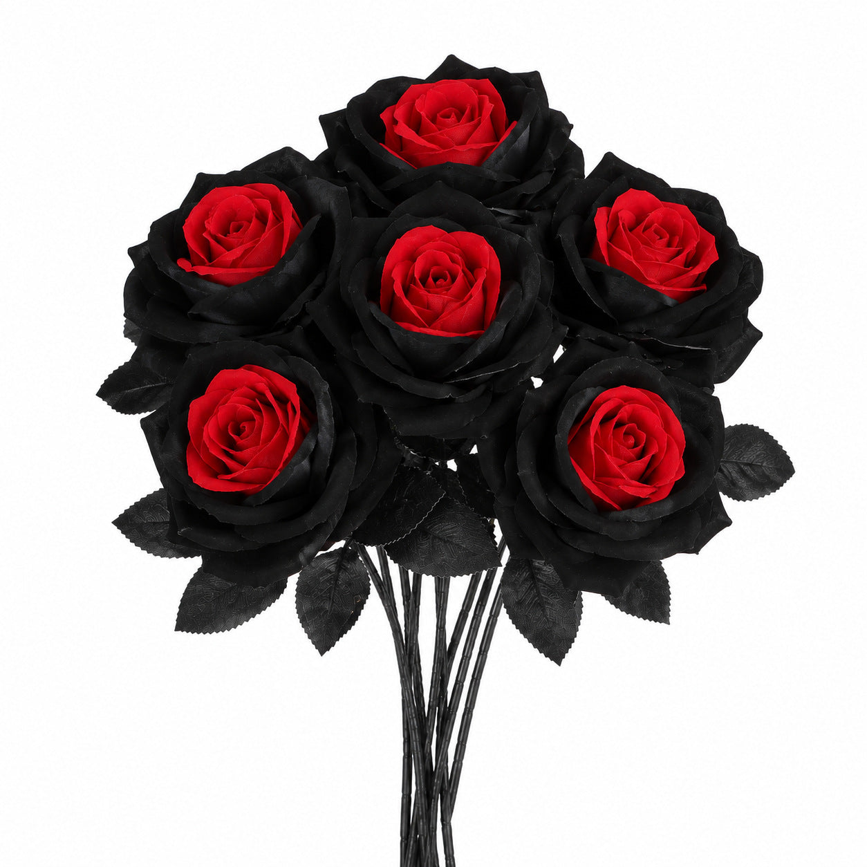 5er Set Künstliche Rosen, langstielig (ca. 50 cm), Schwarz & Rot, Täuschend Echte Gothic Deko für Hochzeit, Halloween, Events & Floristik