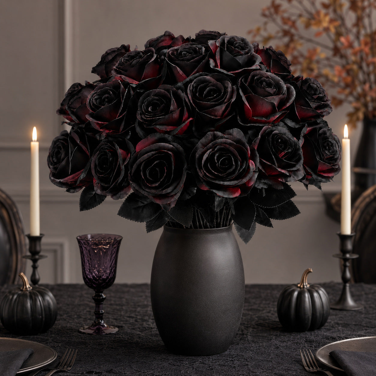 5er Set Künstliche Rosen, langstielig (ca. 50 cm), Schwarz & Rot, Täuschend Echte Gothic Deko für Hochzeit, Halloween, Events & Floristik