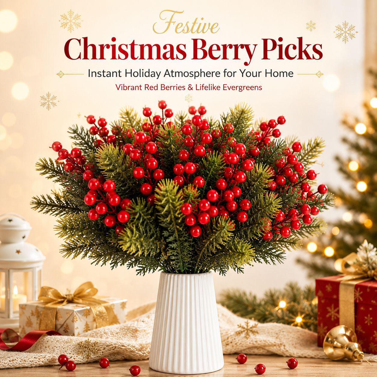Künstliche Beeren Zweige (2er-Set, 36/31 cm), Realistischer Deko-Strauß mit roten Beeren für Vase, Herbst & Weihnachten, Gestecke