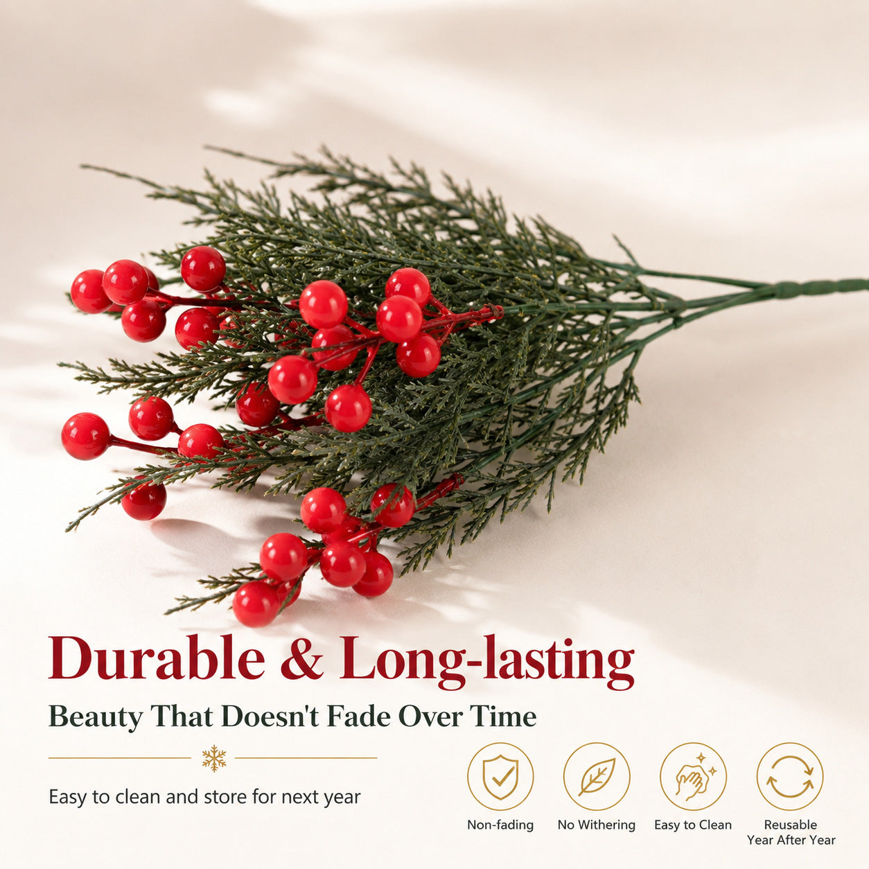 Künstliche Beeren Zweige (2er-Set, 36/31 cm), Realistischer Deko-Strauß mit roten Beeren für Vase, Herbst & Weihnachten, Gestecke