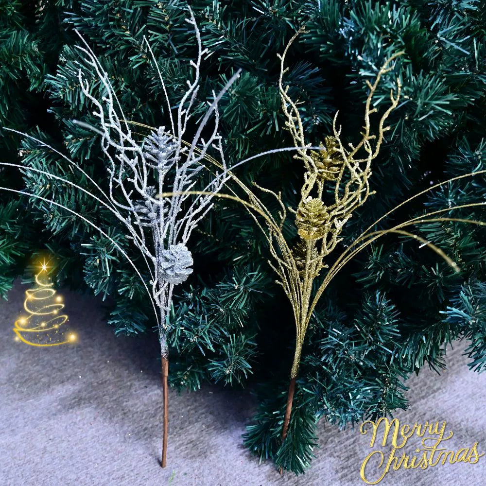Weihnachtsdeko Set mit 10 Tannenzapfen und Zweigen, 50 cm, in Gold, Silber, Champagner, Rot, Roségold – Perfekt für Hochzeiten, Weihnachtsbaum, Festtagsdekoration