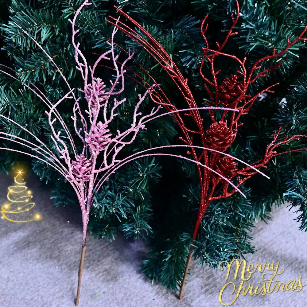 Weihnachtsdeko Set mit 10 Tannenzapfen und Zweigen, 50 cm, in Gold, Silber, Champagner, Rot, Roségold – Perfekt für Hochzeiten, Weihnachtsbaum, Festtagsdekoration