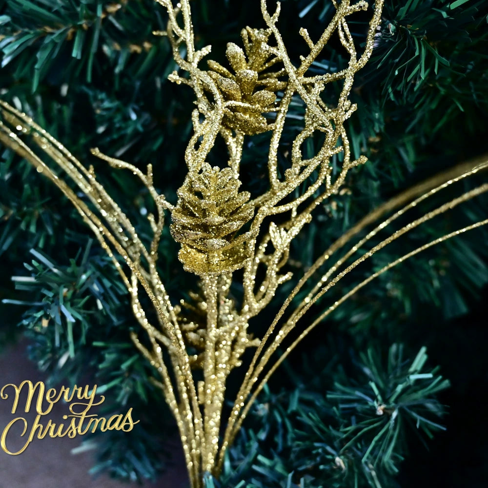 Weihnachtsdeko Set mit 10 Tannenzapfen und Zweigen, 50 cm, in Gold, Silber, Champagner, Rot, Roségold – Perfekt für Hochzeiten, Weihnachtsbaum, Festtagsdekoration