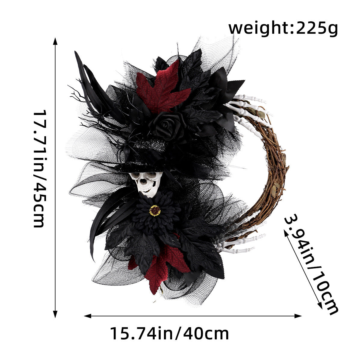 Halloween Dekorationskranz mit Netzstoff, 45 cm rot, 40 cm lila, realistische Skelette für Partys, Hochzeiten, saisonale Deko