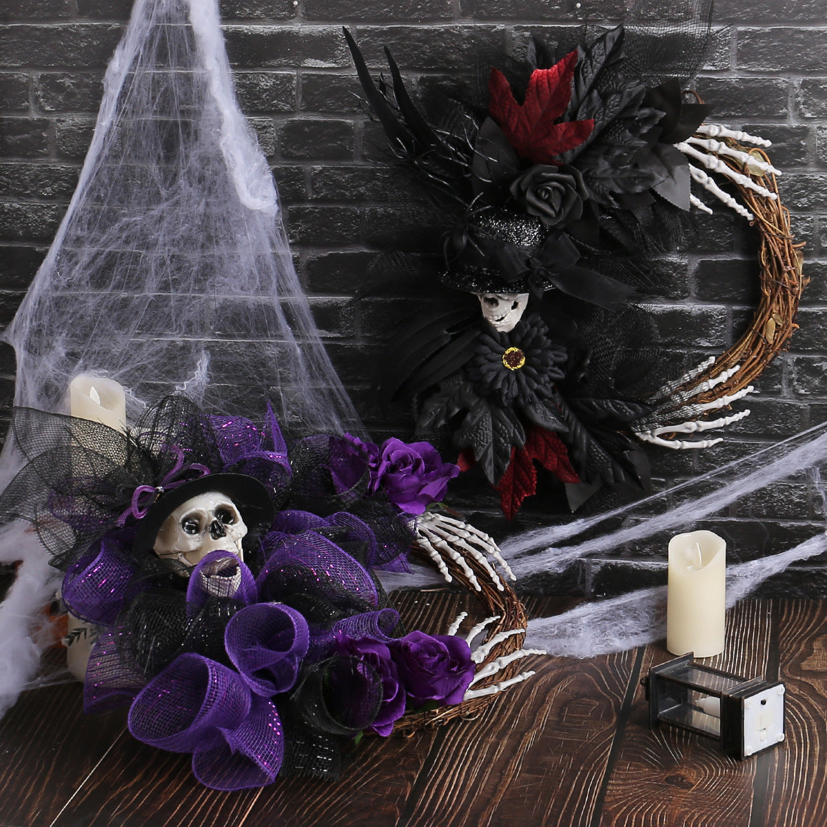 Halloween Dekorationskranz mit Netzstoff, 45 cm rot, 40 cm lila, realistische Skelette für Partys, Hochzeiten, saisonale Deko