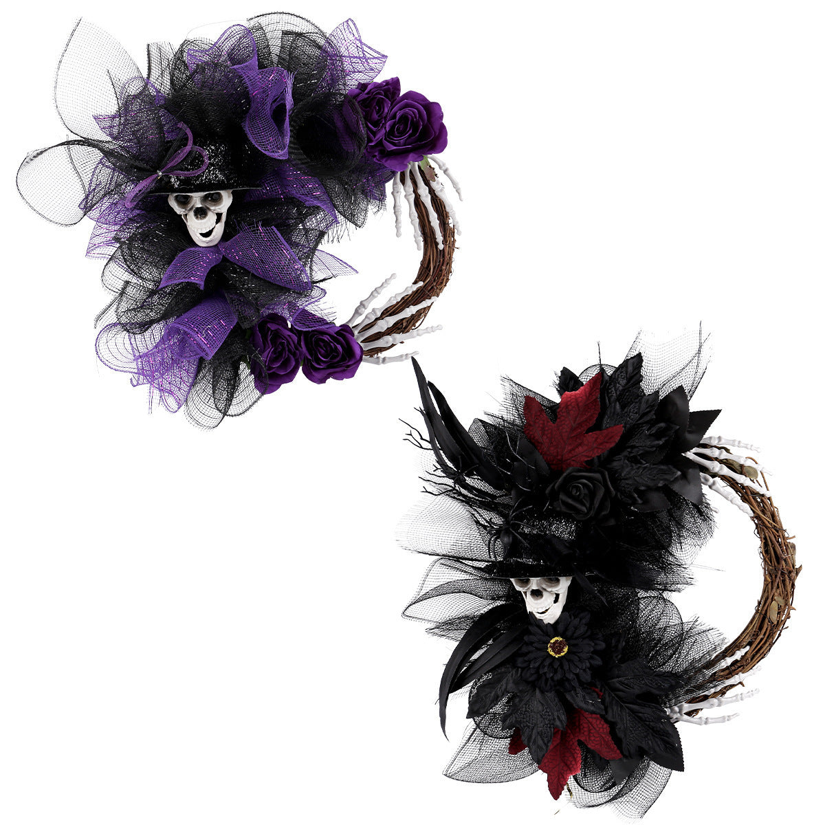 Halloween Dekorationskranz mit Netzstoff, 45 cm rot, 40 cm lila, realistische Skelette für Partys, Hochzeiten, saisonale Deko