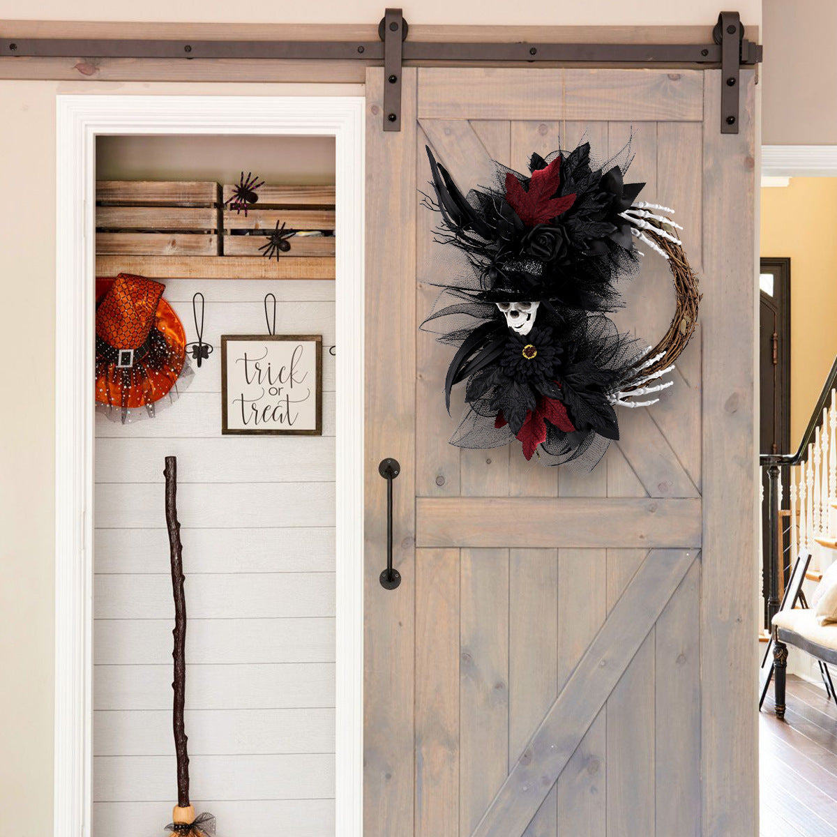 Halloween Dekorationskranz mit Netzstoff, 45 cm rot, 40 cm lila, realistische Skelette für Partys, Hochzeiten, saisonale Deko