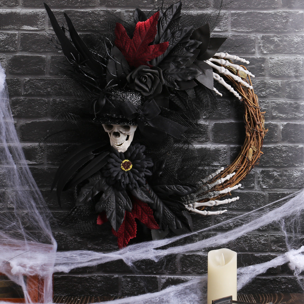 Halloween Dekorationskranz mit Netzstoff, 45 cm rot, 40 cm lila, realistische Skelette für Partys, Hochzeiten, saisonale Deko