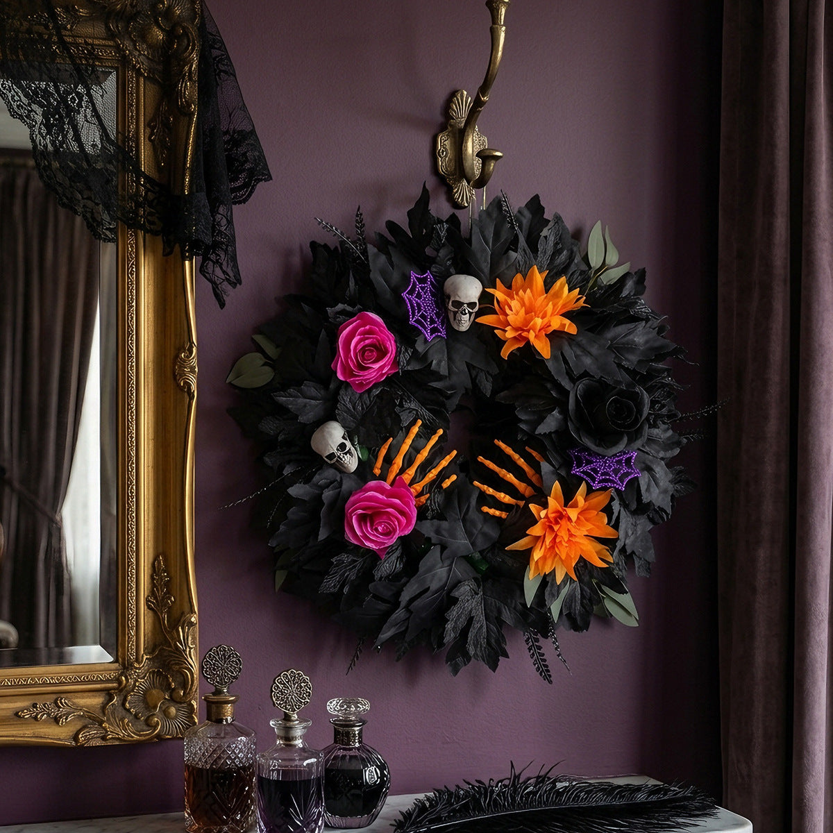 Schwarze Blätter Halloween Kranz, 50x50cm, realistisches Material, ideal für Hochzeiten, Events, Cafés und saisonale Dekoration