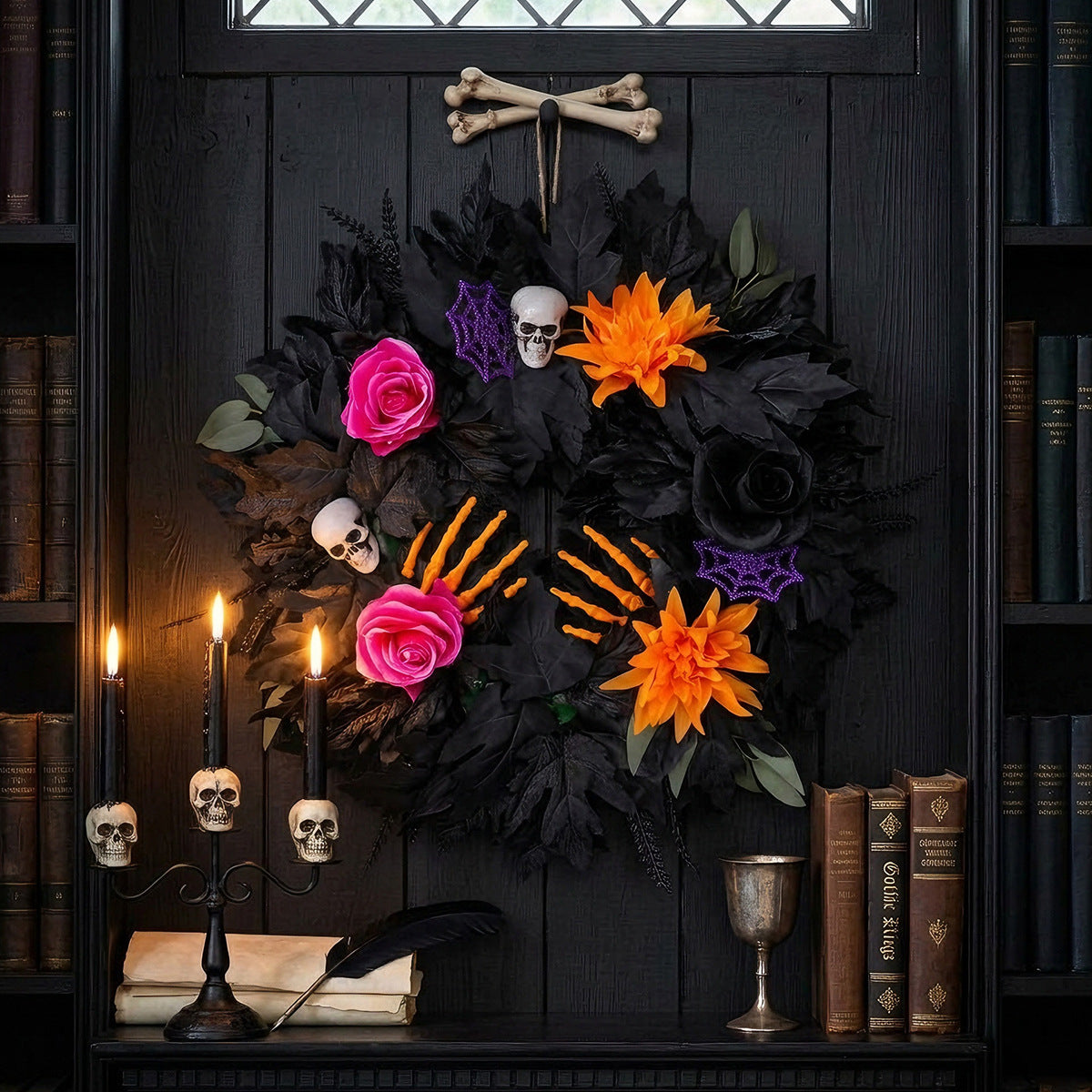 Schwarze Blätter Halloween Kranz, 50x50cm, realistisches Material, ideal für Hochzeiten, Events, Cafés und saisonale Dekoration