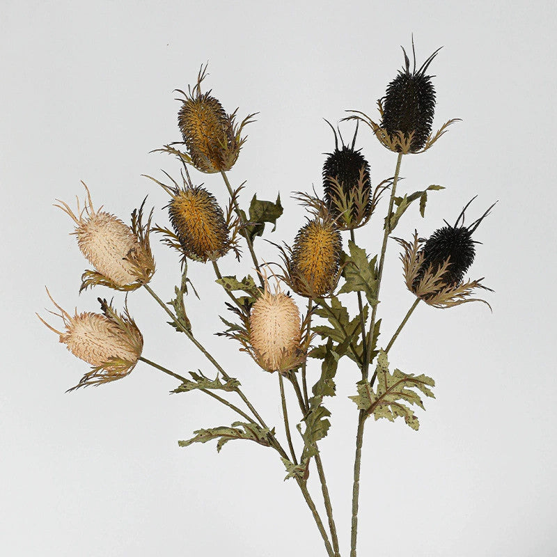 Künstliche Edeldistel 70 cm, 3 Blüten, täuschend echt, Kunstblume für Vase, Deko, Hochzeit, Floristik, langlebiger Distel-Zweig
