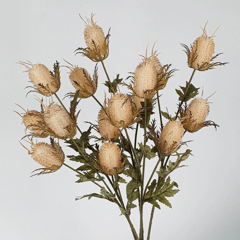 Künstliche Edeldistel 70 cm, 3 Blüten, täuschend echt, Kunstblume für Vase, Deko, Hochzeit, Floristik, langlebiger Distel-Zweig