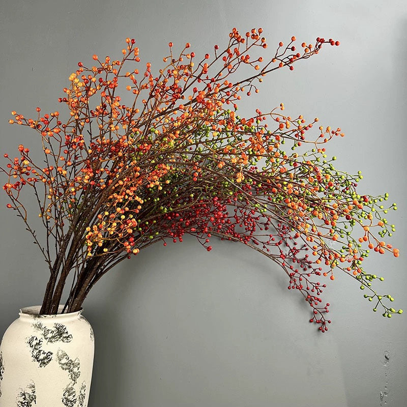 Künstlicher Beerenzweig 115 cm, Täuschend Echter Dekozweig mit Herbstbeeren, Lange Kunstblume für Hohe Vasen, Hochzeit, Floristik & Raumdeko
