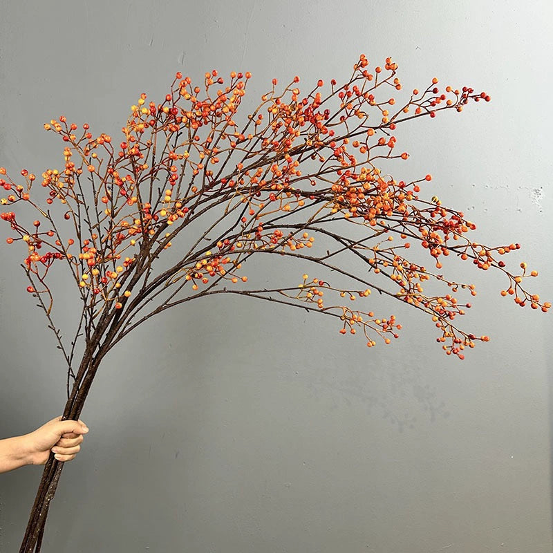 Künstlicher Beerenzweig 115 cm, Täuschend Echter Dekozweig mit Herbstbeeren, Lange Kunstblume für Hohe Vasen, Hochzeit, Floristik & Raumdeko