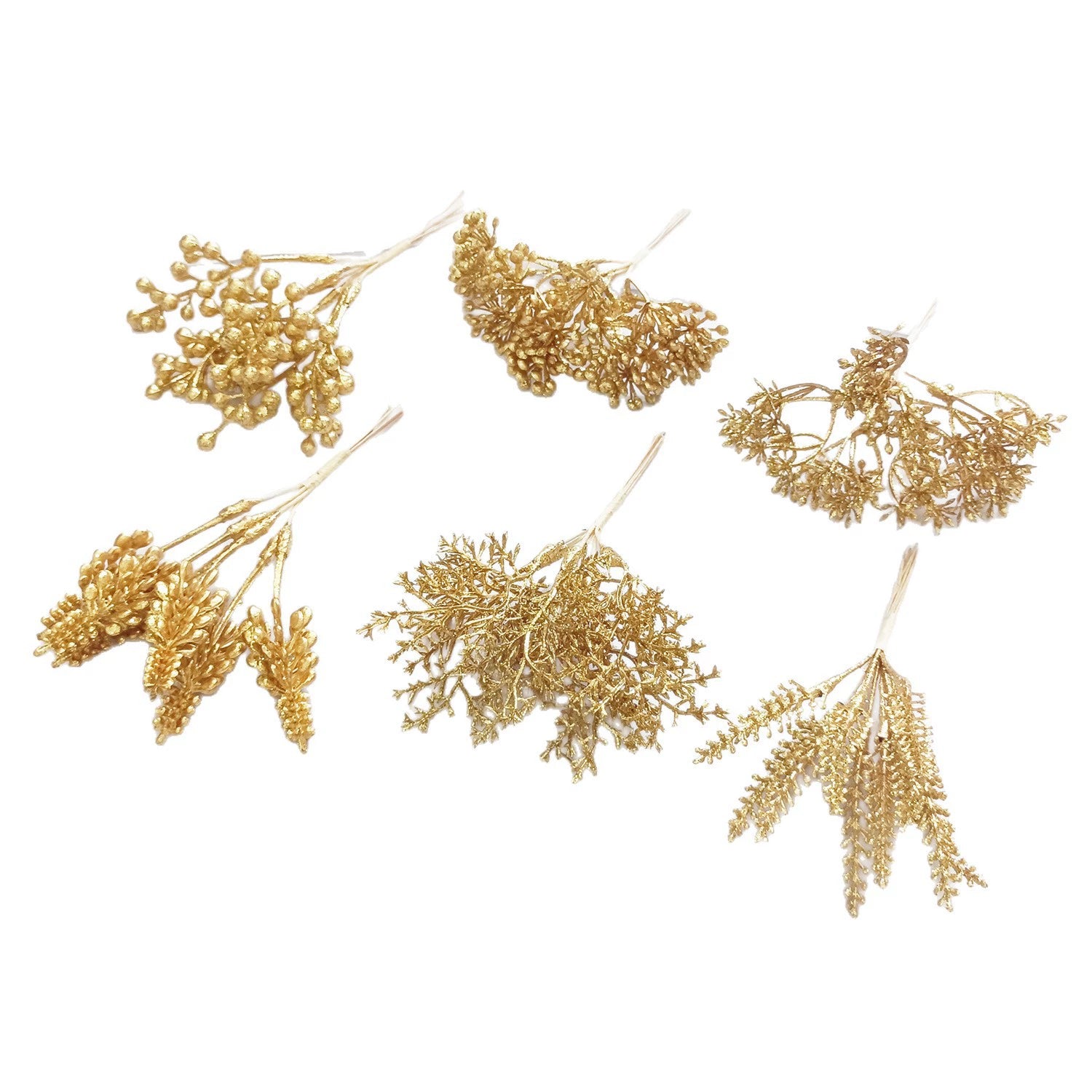 Künstlicher Kiefernzweig Gold 20cm, Deko-Pick mit Perlen, Täuschend Echter Tannenzweig für DIY Gestecke, Weihnachtsdeko & Anstecker