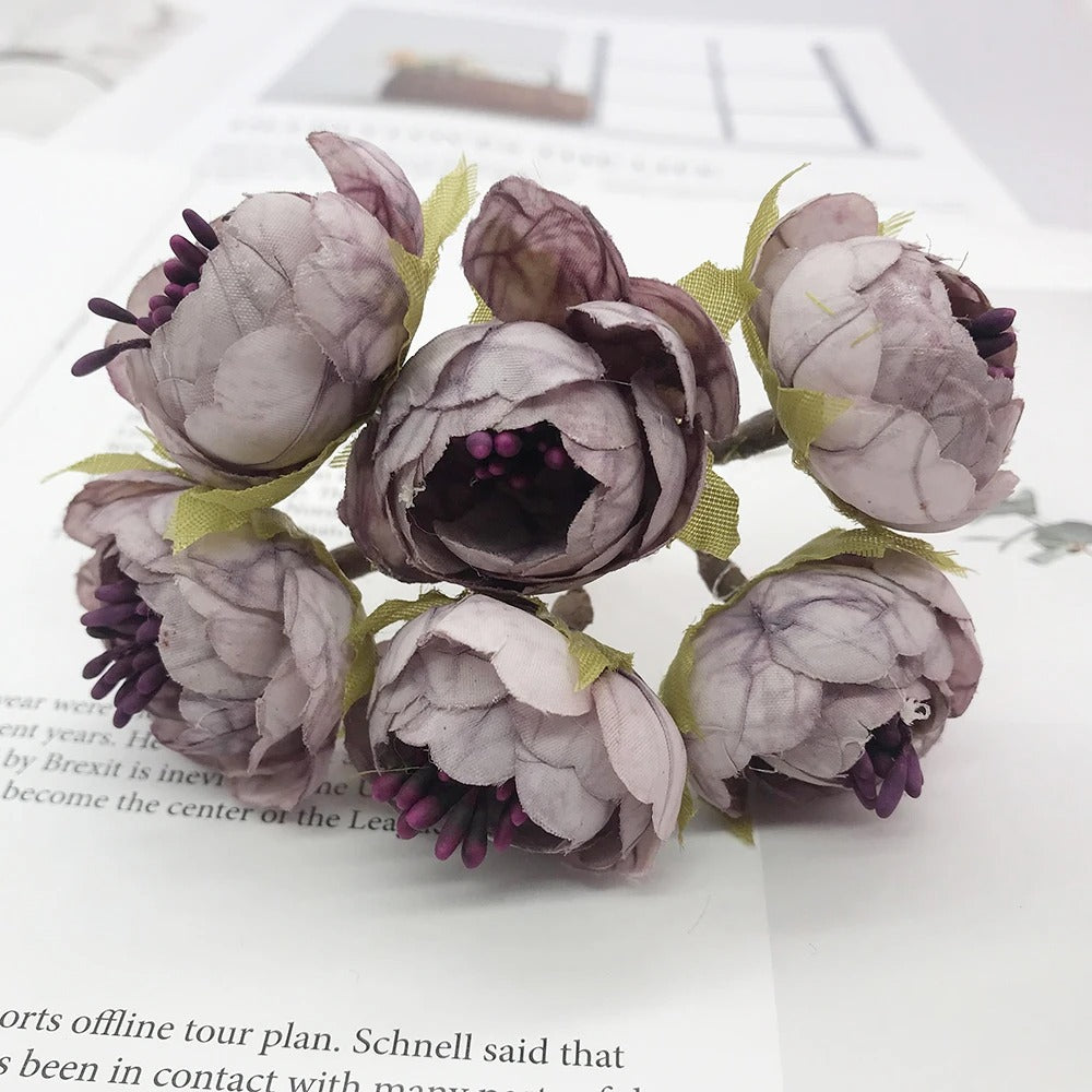 Kleine Kunstblumen 6er-Set (12cm), Realistischer Mini-Strauß für DIY, Basteln, Hochzeit, Gestecke & Kopfschmuck