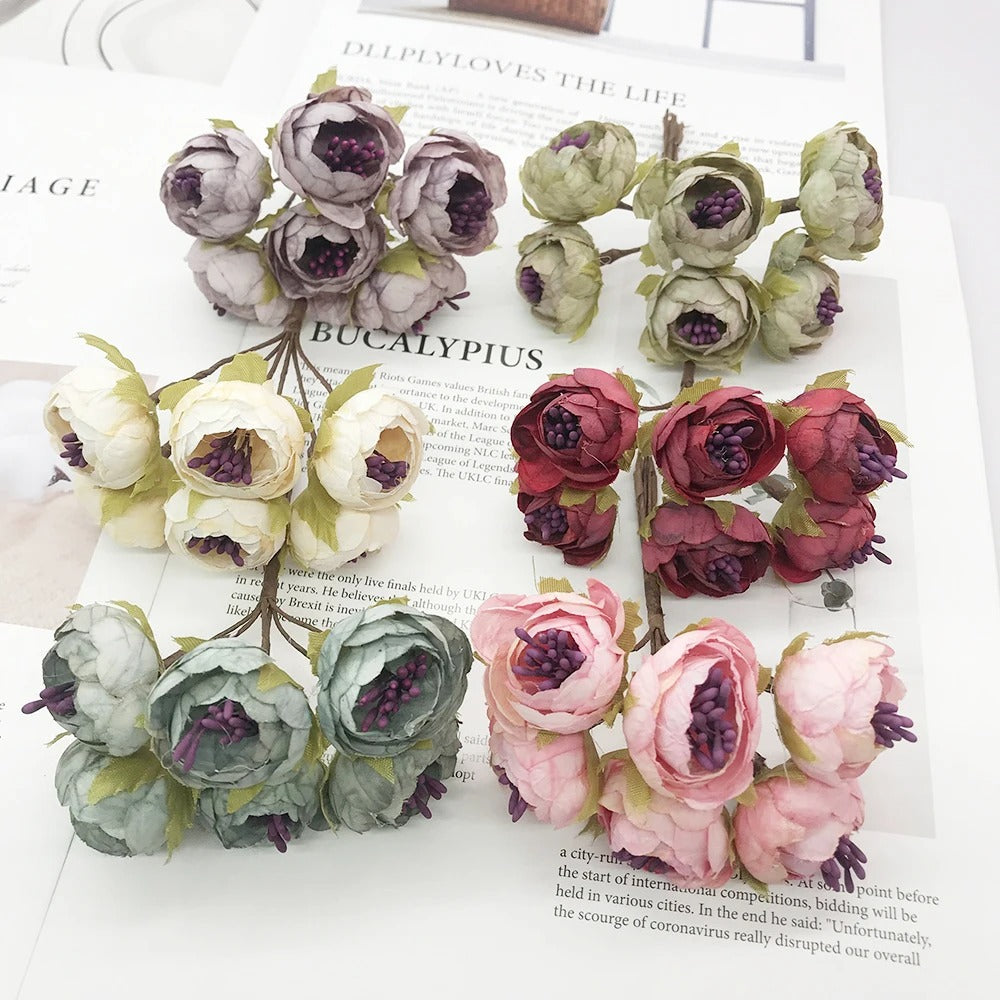 Kleine Kunstblumen 6er-Set (12cm), Realistischer Mini-Strauß für DIY, Basteln, Hochzeit, Gestecke & Kopfschmuck