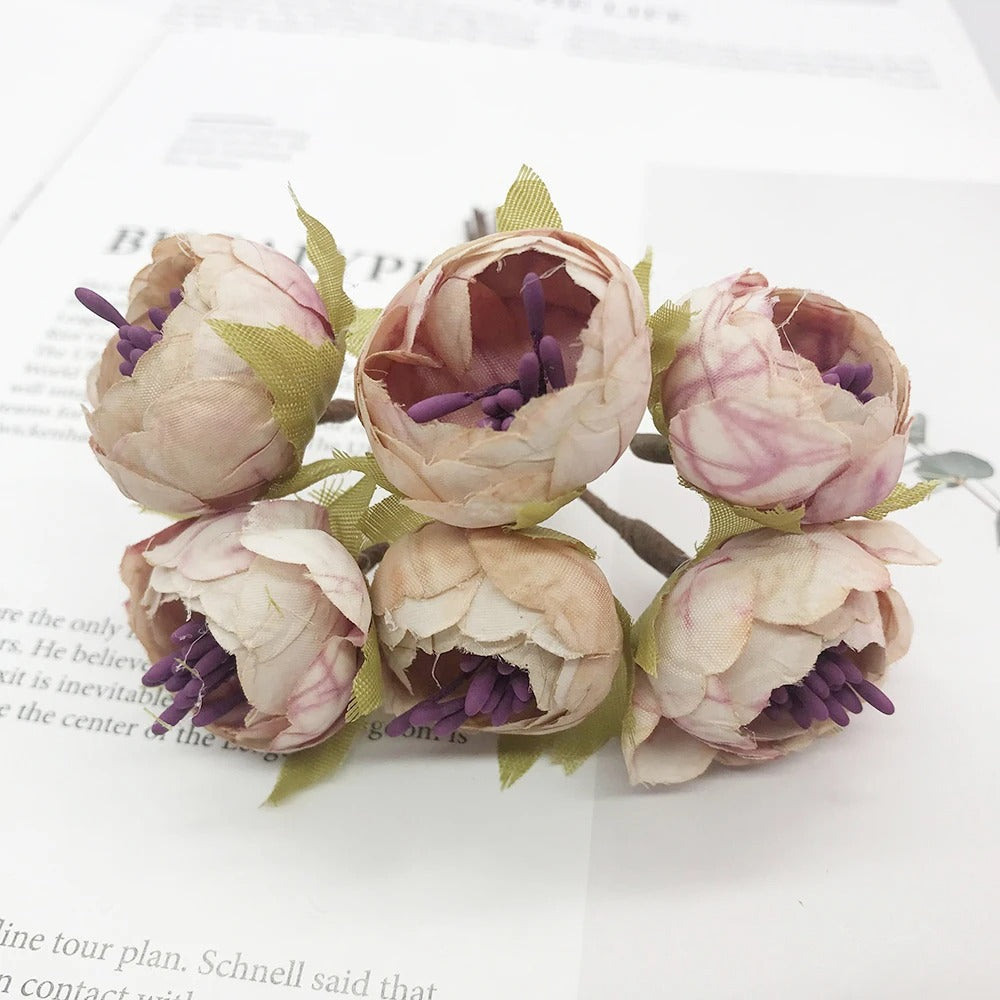 Kleine Kunstblumen 6er-Set (12cm), Realistischer Mini-Strauß für DIY, Basteln, Hochzeit, Gestecke & Kopfschmuck