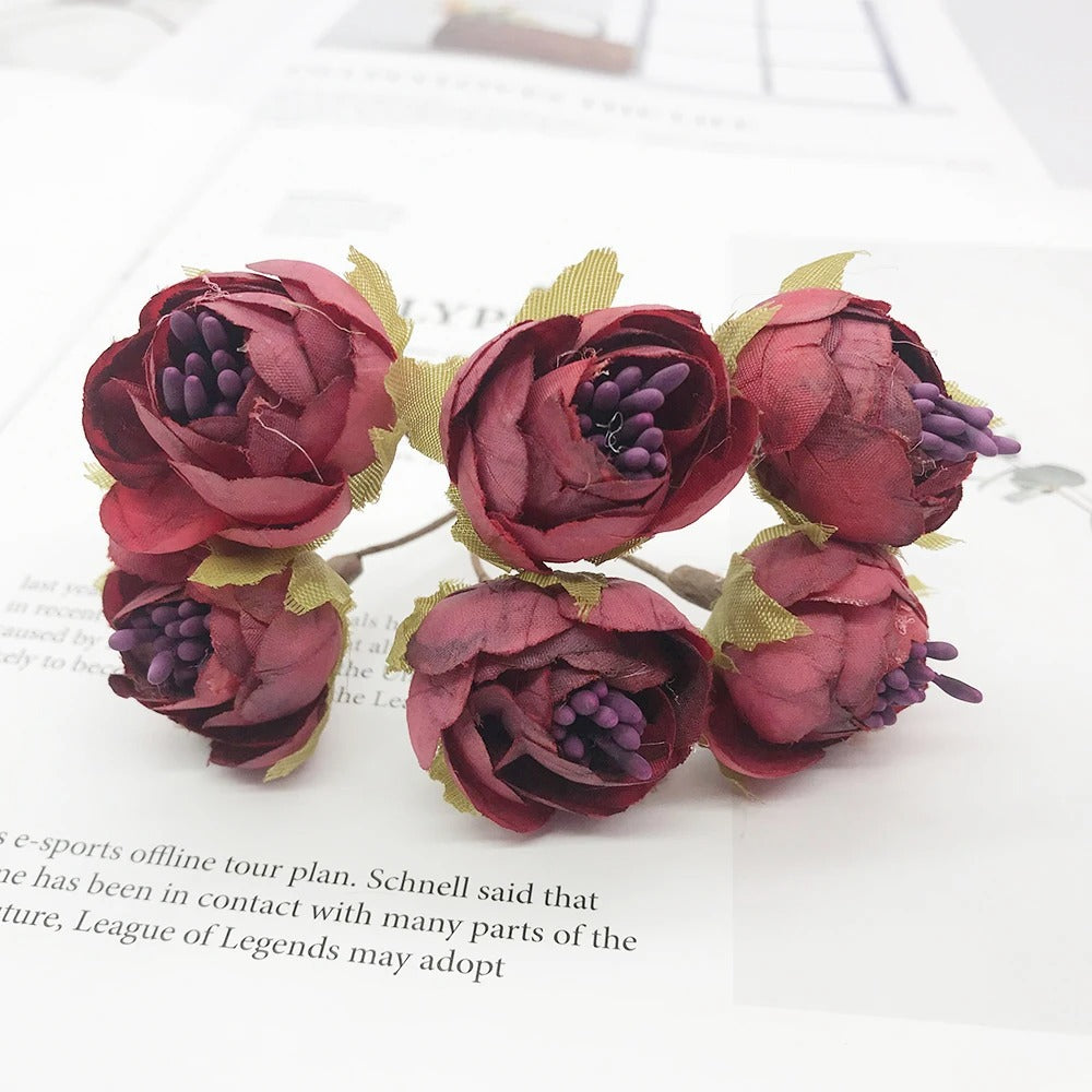 Kleine Kunstblumen 6er-Set (12cm), Realistischer Mini-Strauß für DIY, Basteln, Hochzeit, Gestecke & Kopfschmuck