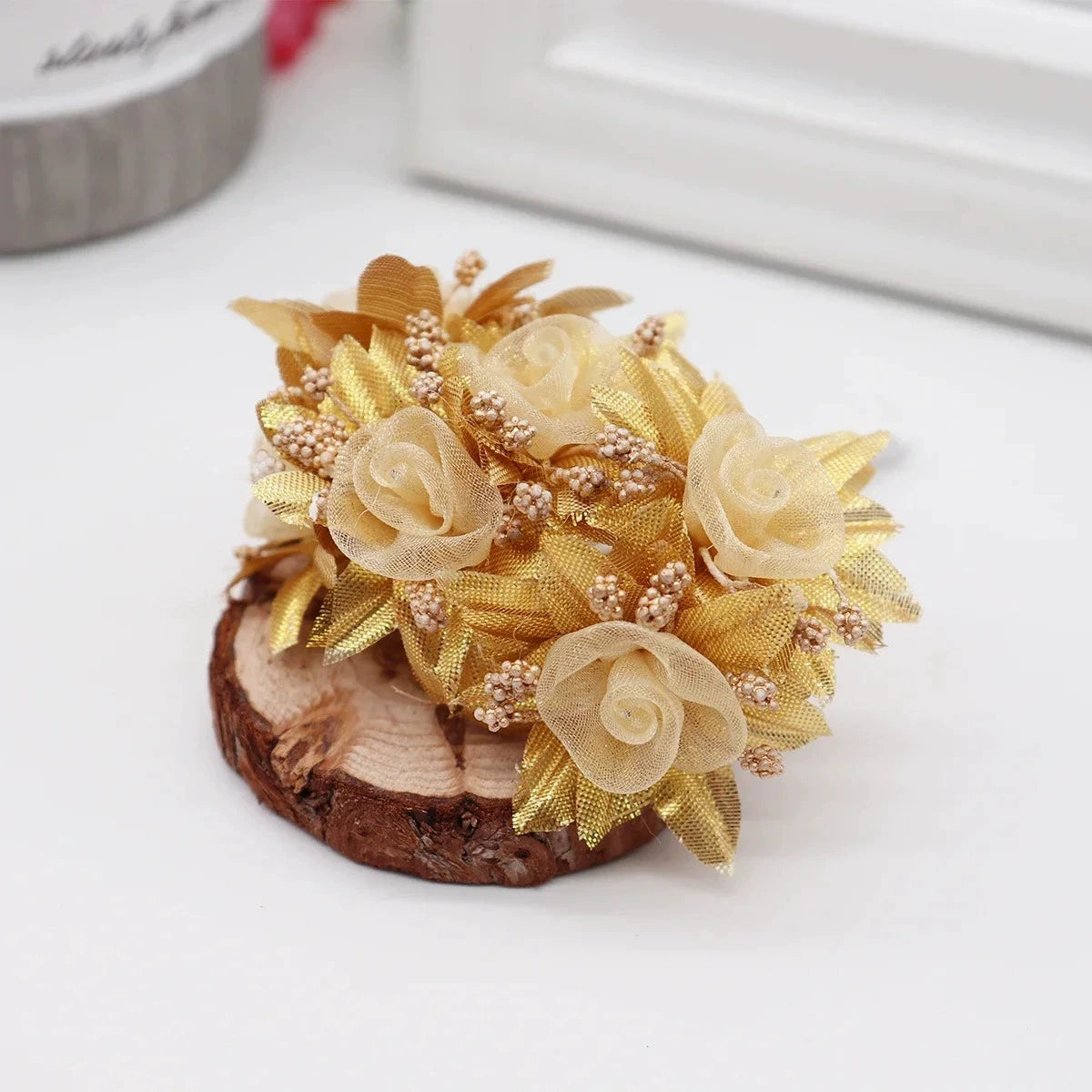 Künstliche Pfingstrose Blumenstrauß, 11 cm, realistische Optik, Gold und Silber, ideal für Hochzeiten, Dekoration, Geschenke