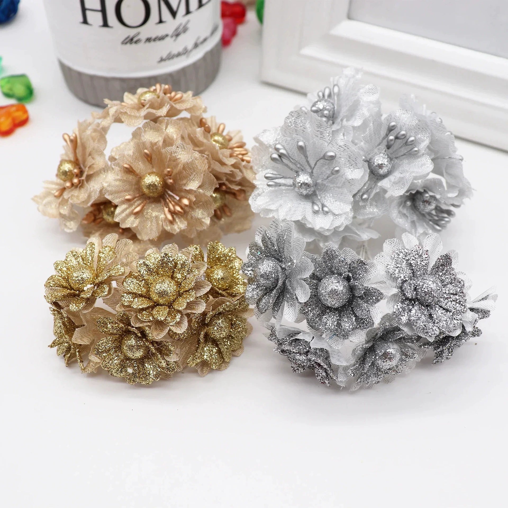 Künstliche Pfingstrose Blumenstrauß, 11 cm, realistische Optik, Gold und Silber, ideal für Hochzeiten, Dekoration, Geschenke