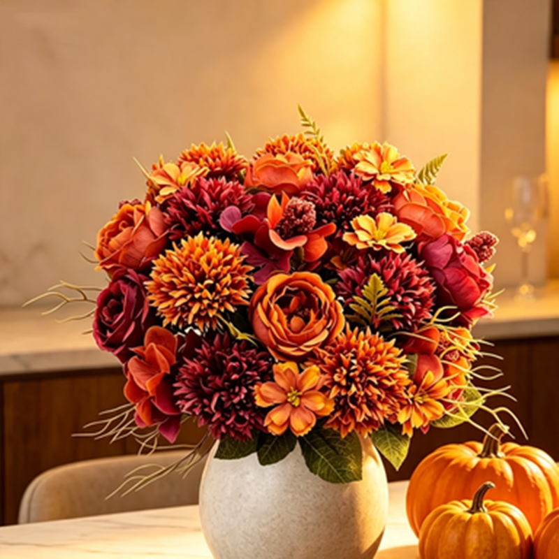 Kunstblumen Strauß 3er-Set, 32cm, Chrysantheme & Rose in Herbstfarben, Täuschend Echte Seidenblumen für Vase, Deko, Hochzeit, Gesteck
