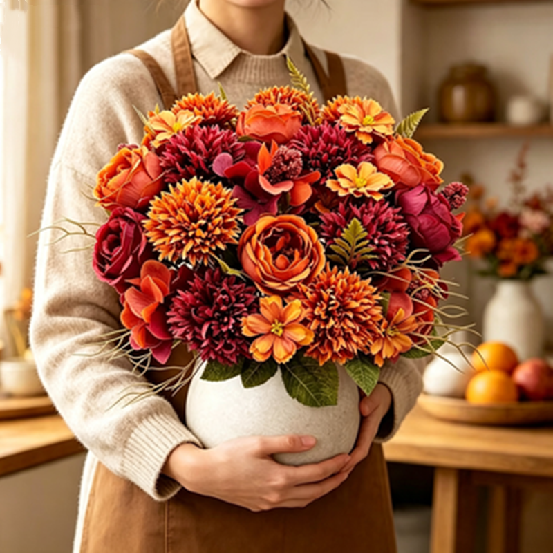 Kunstblumen Strauß 3er-Set, 32cm, Chrysantheme & Rose in Herbstfarben, Täuschend Echte Seidenblumen für Vase, Deko, Hochzeit, Gesteck