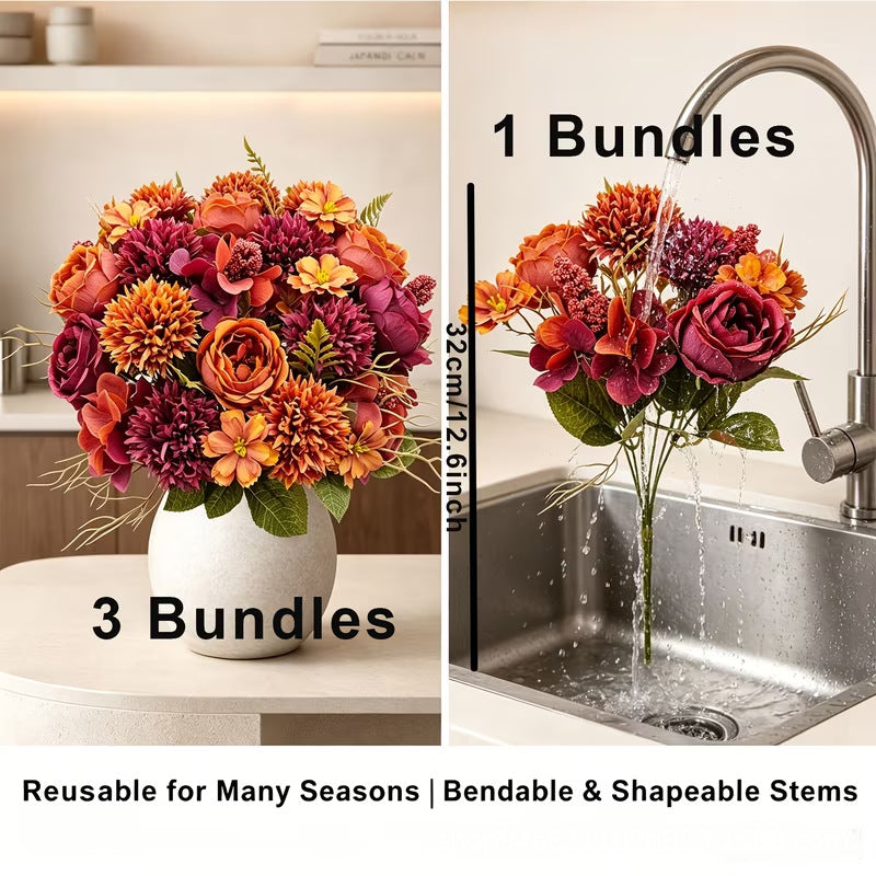 Kunstblumen Strauß 3er-Set, 32cm, Chrysantheme & Rose in Herbstfarben, Täuschend Echte Seidenblumen für Vase, Deko, Hochzeit, Gesteck