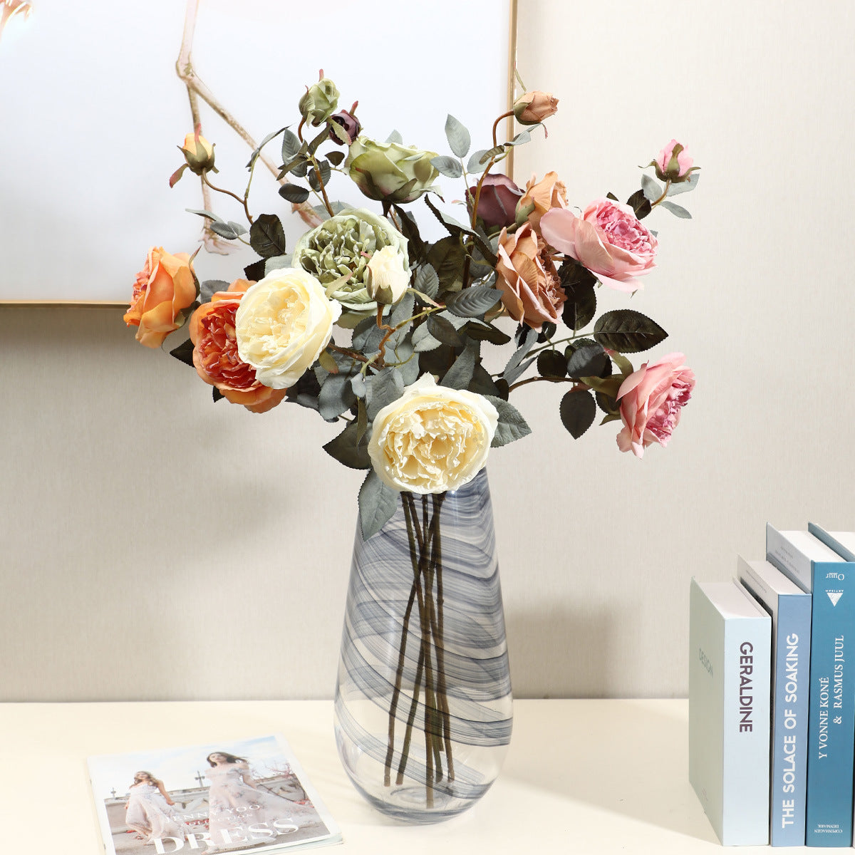 Künstlicher Herbst-Rosenstrauß 72 cm, realistisch, in warmen Farben, perfekt für Hochzeiten, Tischdekoration, Café- und Hotelgestaltung