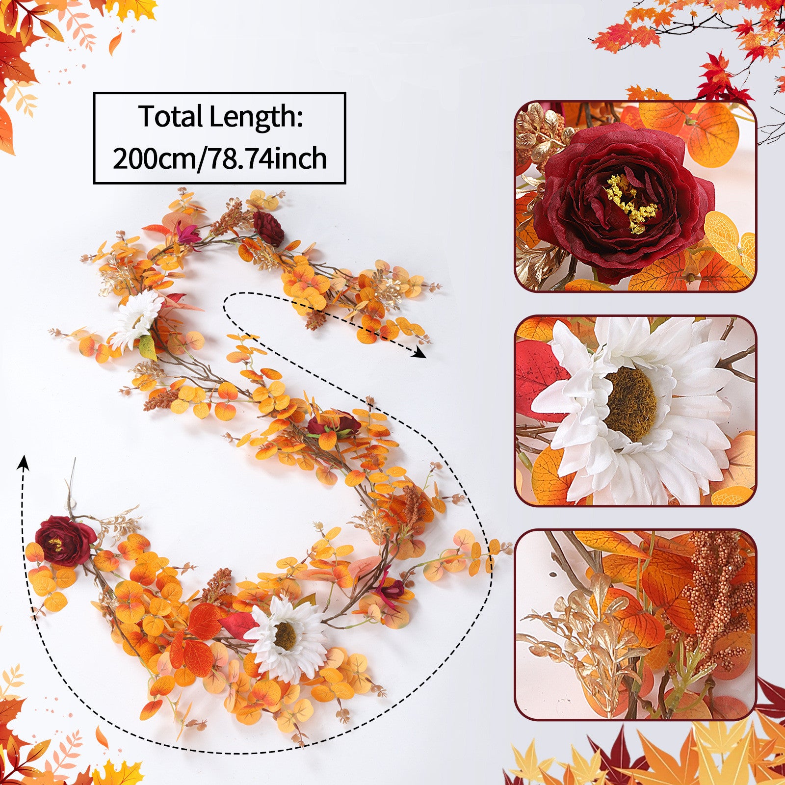 Ahorngirlande künstlich 200 cm, täuschend echte Herbstblätter-Ranke, langlebige Herbstdeko für Hochzeit, Event & Zuhause, warmes Herbstlaub