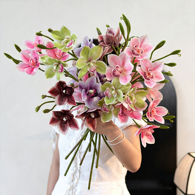 Künstliche Cymbidium Orchidee 55 cm, 3 Blüten, Lebensechter Orchideenzweig für Vase, Hochzeitsdeko, Gestecke, Langlebige Kunstblume