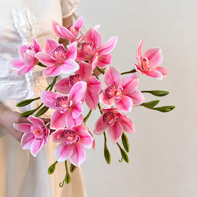 Künstliche Cymbidium Orchidee 55 cm, 3 Blüten, Lebensechter Orchideenzweig für Vase, Hochzeitsdeko, Gestecke, Langlebige Kunstblume