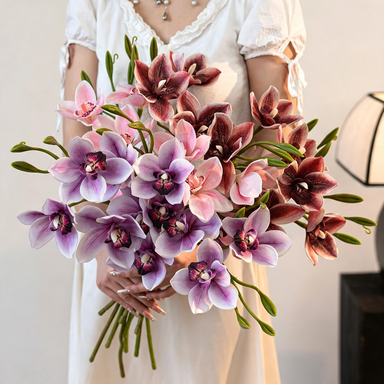 Künstliche Cymbidium Orchidee 55 cm, 3 Blüten, Lebensechter Orchideenzweig für Vase, Hochzeitsdeko, Gestecke, Langlebige Kunstblume
