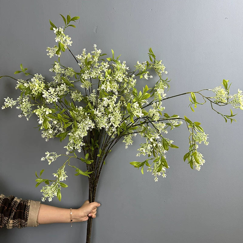Künstlicher Forsythienzweig 127 cm, langer hängender Dekozweig, täuschend echt in Gelb, Weiß, Lila – Ideal für Bodenvase, Hochzeit, Gastronomie