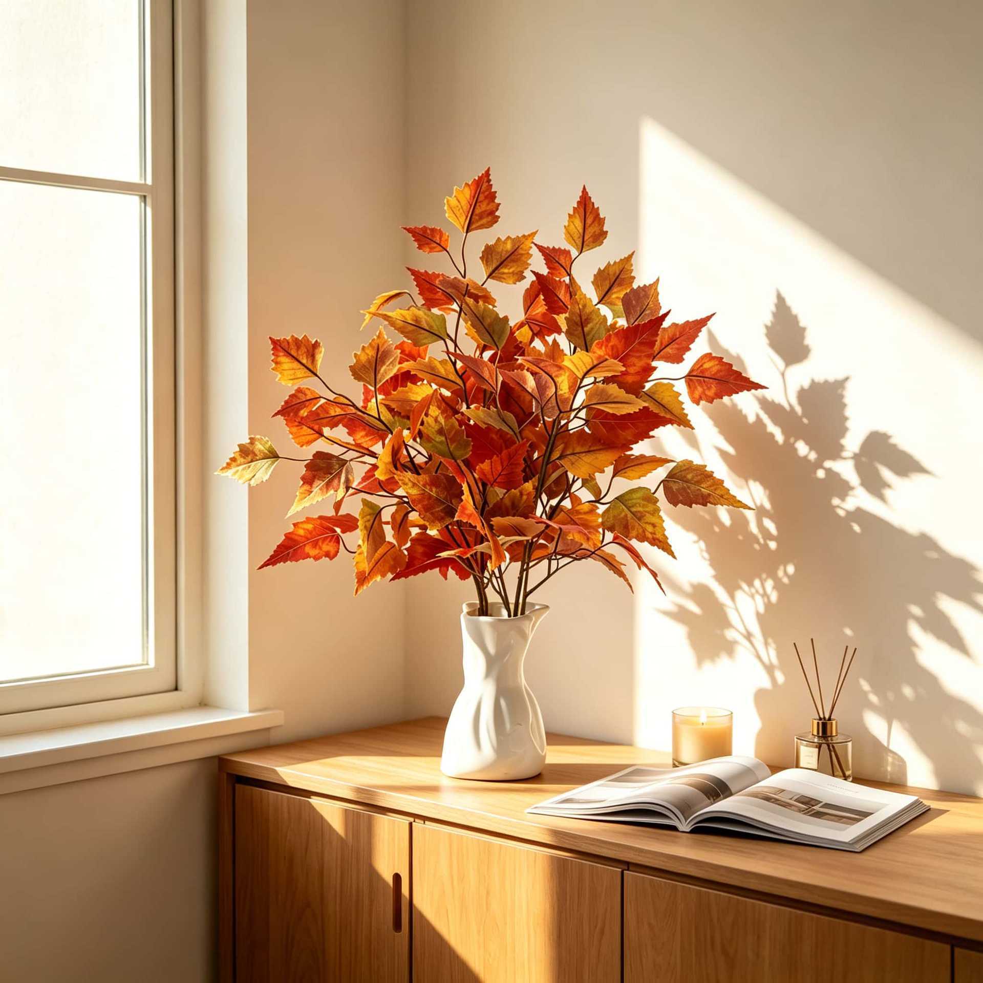 Künstlicher Ahornzweig 56 cm, Naturgetreue Ahornblätter in Herbstfarben, Dekozweig für Vase, Floristik, Hochzeit & Herbstdeko