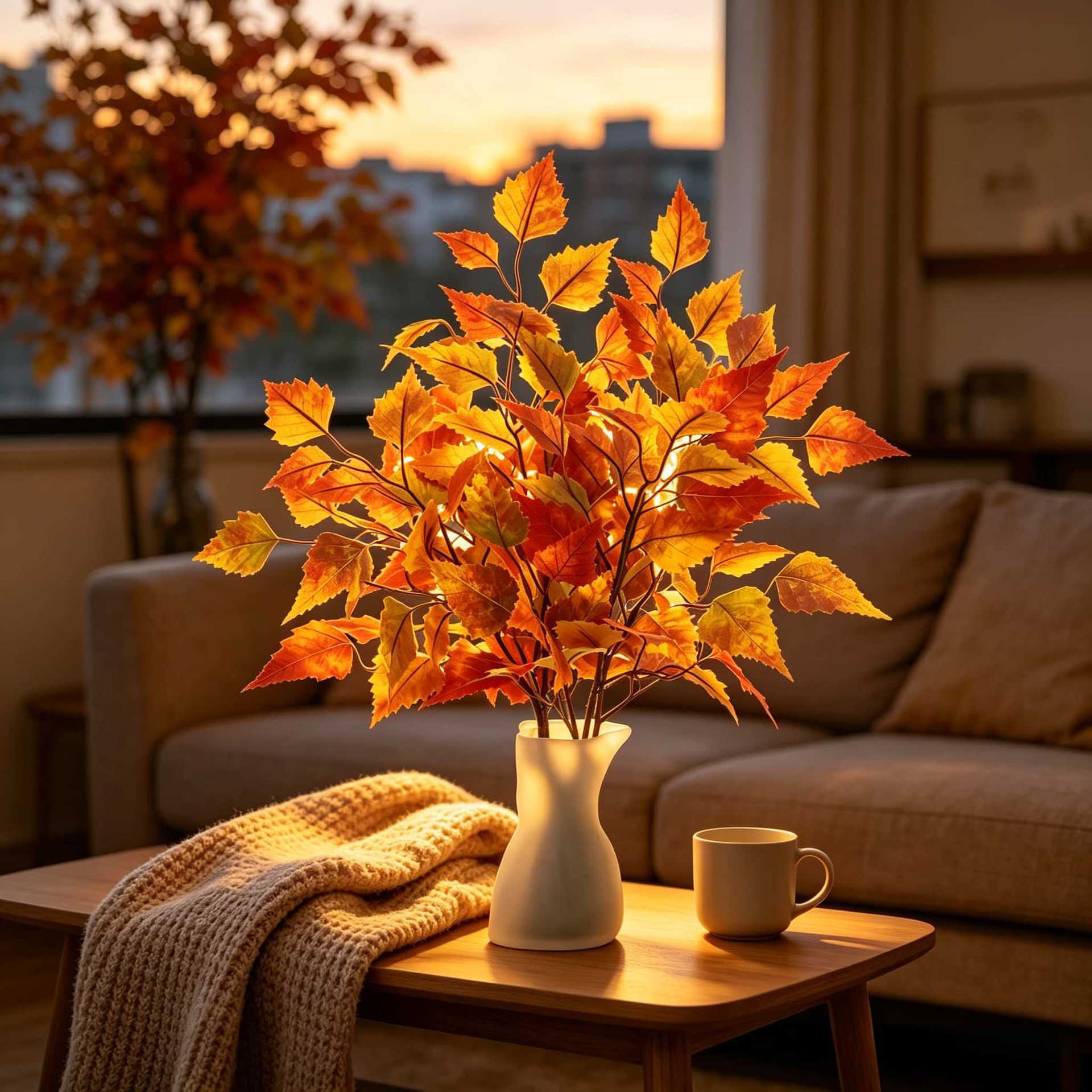 Künstlicher Ahornzweig 56 cm, Naturgetreue Ahornblätter in Herbstfarben, Dekozweig für Vase, Floristik, Hochzeit & Herbstdeko