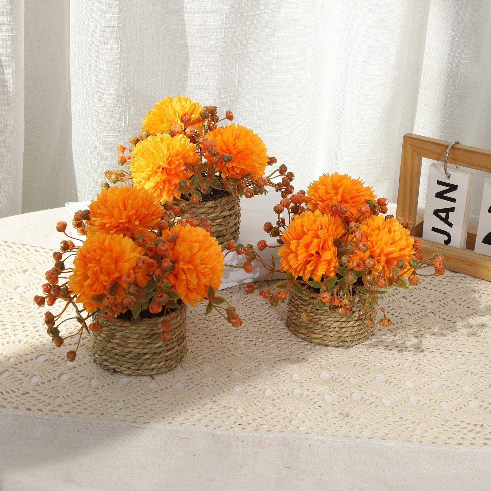 Künstliche Chrysanthemen im Topf, 2er-Set, 14cm | Naturgetreue Kugel-Chrysantheme in Herbstfarben für Tischdeko, Hochzeit, Gastronomie