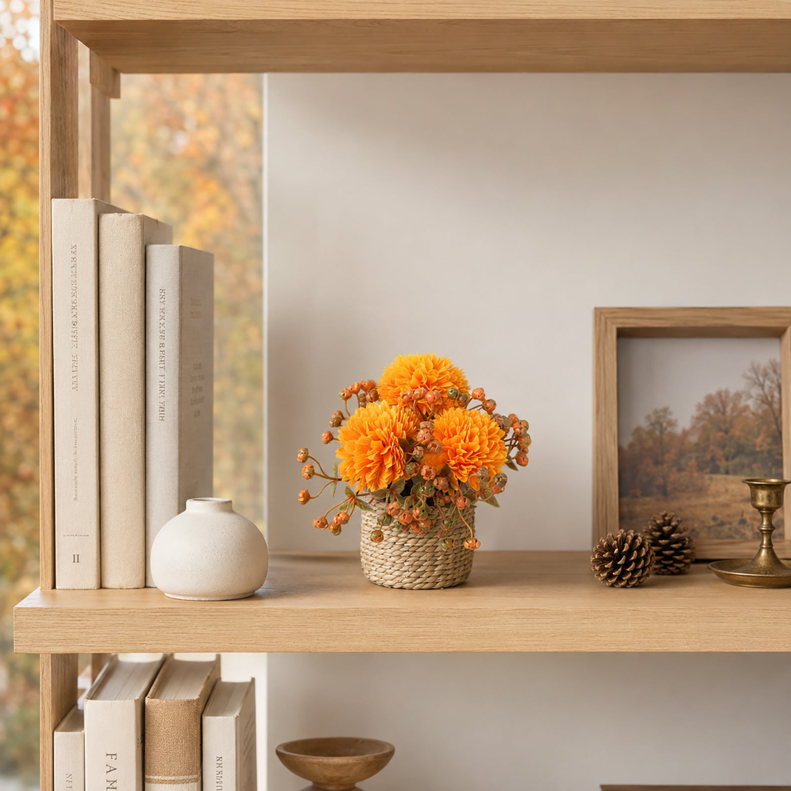 Künstliche Chrysanthemen im Topf, 2er-Set, 14cm | Naturgetreue Kugel-Chrysantheme in Herbstfarben für Tischdeko, Hochzeit, Gastronomie