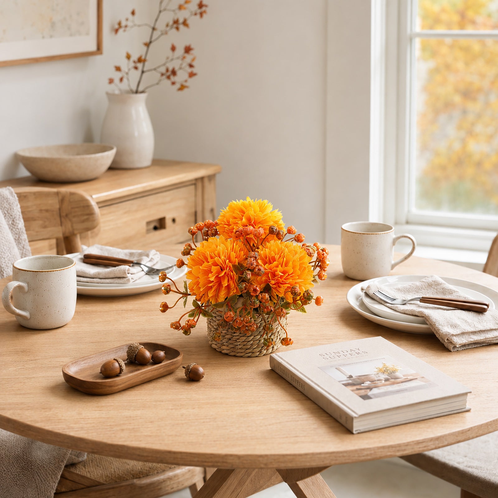 Künstliche Chrysanthemen im Topf, 2er-Set, 14cm | Naturgetreue Kugel-Chrysantheme in Herbstfarben für Tischdeko, Hochzeit, Gastronomie