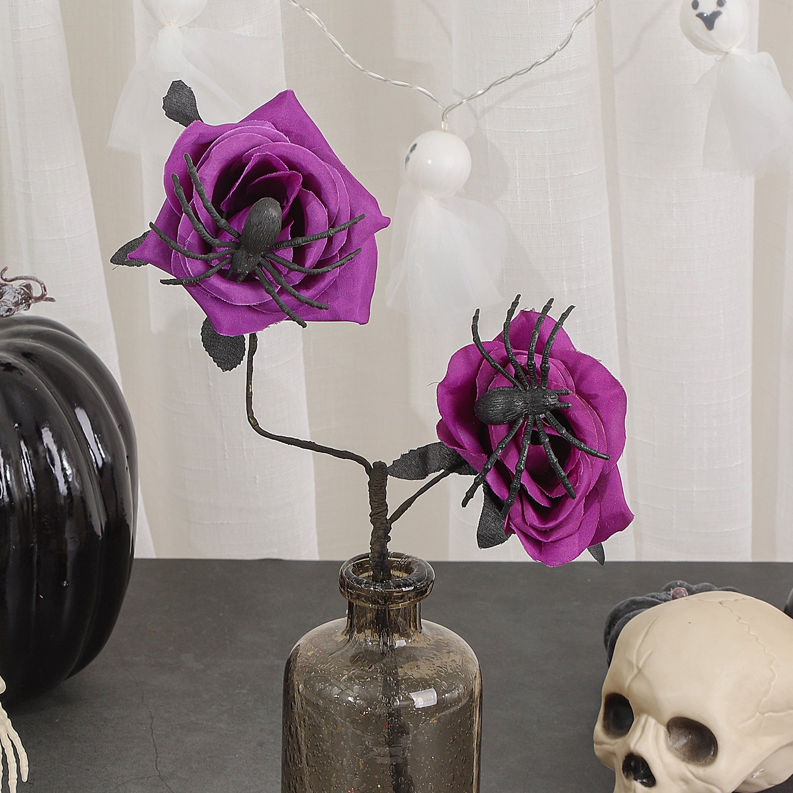 Faux-Rosen mit Spinnen, 38cm, Kunstseide, Gothic Halloween Deko, Hochzeiten, Partys, Innenräume