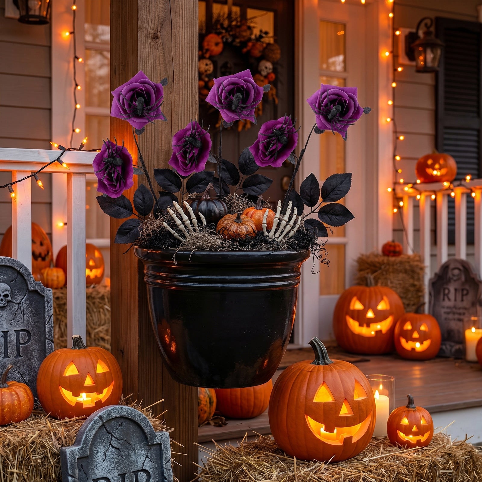 Faux-Rosen mit Spinnen, 38cm, Kunstseide, Gothic Halloween Deko, Hochzeiten, Partys, Innenräume