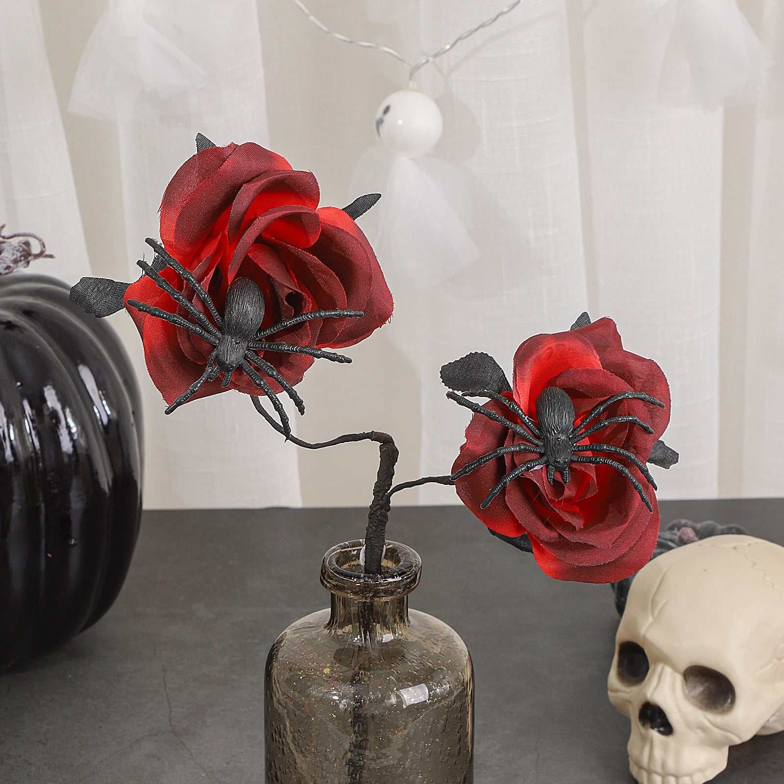 Faux-Rosen mit Spinnen, 38cm, Kunstseide, Gothic Halloween Deko, Hochzeiten, Partys, Innenräume